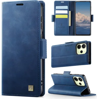 Immagine prodotto di Custodia in pelle per Xiaomi Redmi Note 14 4G, protezione RFID, chiusura magnetica, slot per carte e supporto Blu