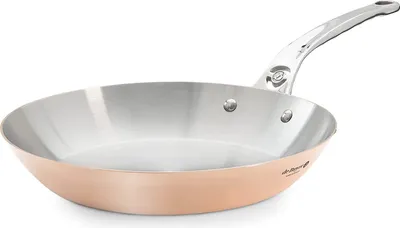 A copper and stainless steel frying pan with a silver handle, shown from a side angle against a white background.