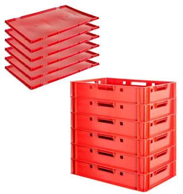 Produktbild von Fleischkiste E1 mit Deckeln Rot Kiste Eurobox Lebensmittelecht 60 x 40 Metzgerkiste Auswahl Stapelbar Kingpower, Anzahl:6