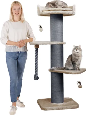 Produktbild von Happypet Kratzbaum Cappuccino, 150 cm, Premium, Stabil, 20 cm dicke Stämme, für große Katzen & Maine Coon, Modell Freddy, Stoff 600g/m, Natursisal, Holz, Plüsch, kompakte Bauweise, zwei Liegebretter