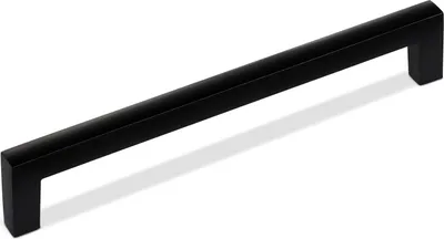 A black cabinet handle is shown against a white background.