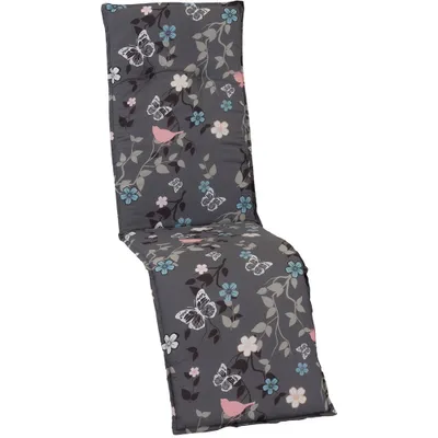 A gray lounge chair cushion with a floral and butterfly pattern.