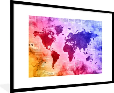Produktbild von MuchoWow® MuchoWow® Gerahmtes Poster Weltkarte - Aquarell - Regenbogen 90x60 cm - Poster mit zchwarzem Bilderrahmen - Wanddekoration - Fotos