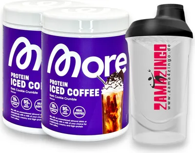 Produktbild von More Protein Iced Coffee Dark Cookie Crumble 2x 300g + Gratis Zama4zingo Shaker 600ml