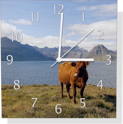 Produktbild von Wallario Design Wanduhr Kuh in den Bergen aus Aluverbund, Größe 30 x 30 cm