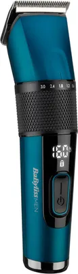 A close-up studio shot of a blue and black hair clipper.
