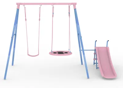 Produktbild von Kinderschaukel für draußen - Schaukelgestell mit Rutsche und Doppelschaukel - 2-Sitzer - Stahl - Für 3 Kinder - Blau/Rosa