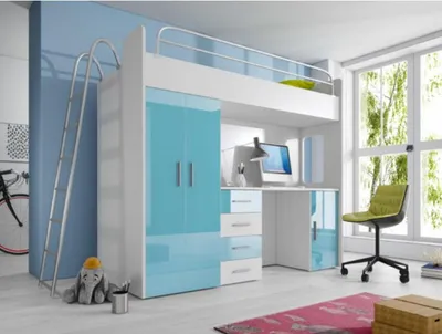 Image de Bleu Lit superposé en bois Fille Lit superposé brillant avec bureau Armoire