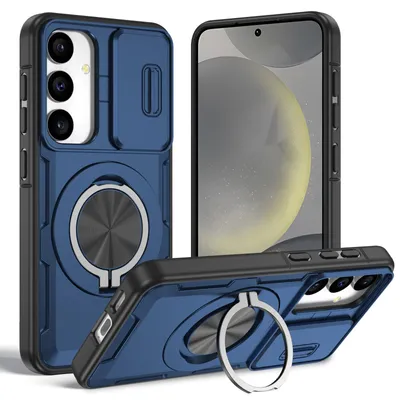 Produktbild von Magnetische Hülle für Samsung Galaxy S24 / S25, Militär Stoßfest Handyhülle mit Kameraschutz und Ringhalter Ständer Blau