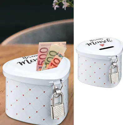 Produktbild von Spardose Herzensmensch mit Schloß Herzform weiß Sparschwein Sparbüchse Herz Geschenk Spardose