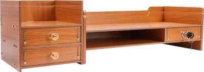Obrázek produktu pro Stojan na monitor - Podstavec na monitor a organizér na stůl - Se zásuvkou a boční přihrádkou - MDF - Nosnost 5 kg - Rozměry 48 × 20 × 13,5 cm, celková délka 65,5 cm - Povrchová úprava s efektem dřeva