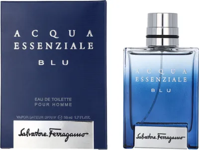 A box and bottle of Salvatore Ferragamo Acqua Essenziale Blu EDT.