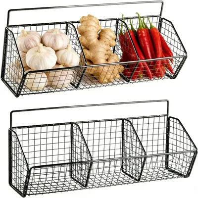 Metall-Wandkörbe Set 2er, hängend, 3 Fächer, 36x9x15,3 cm, schwarz