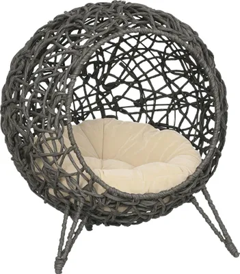 Produktbild von PawHut Katzenhaus aus Rattan mit Kissen Katzenschlafplatz Katzenhöhle Silbergrau