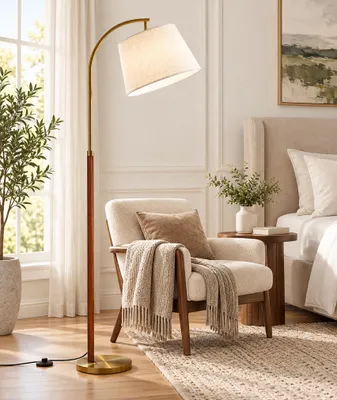 Zdjęcie produktu dla Lampa podłogowa z litego drewna orzech z aplikacją i pilotem żarówka RGB włącznik nożny regulowana głowica 170cm salon sypialnia biuro