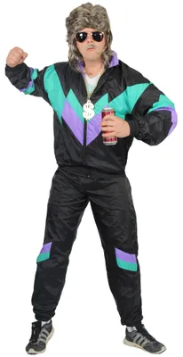 Produktbild von 80er Jahre Premium Trainingsanzug für Herren - schwarz lila grün, Größe:S