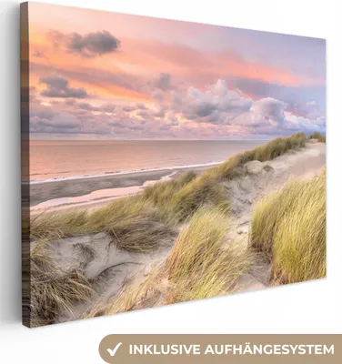 Produktbild von MuchoWow® - Leinwandbilder - Strand - Meer - Düne - Sonnenuntergang, Wandbild, Wanddeko Bilder Wohnzimmer, 80x60 cm
