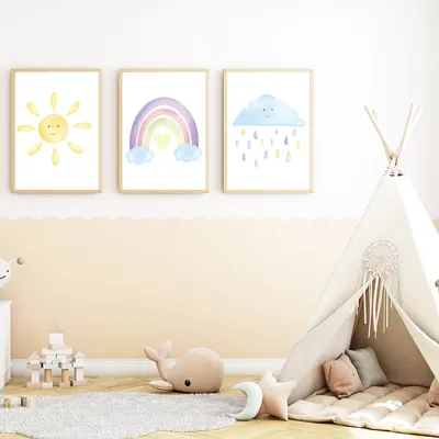 Produktbild von Pastell Sonne Regenbogen Wolke 3er Set Kinderzimmer Bilder DIN A4 Poster Babyzimmer Wandbilder Dekoration