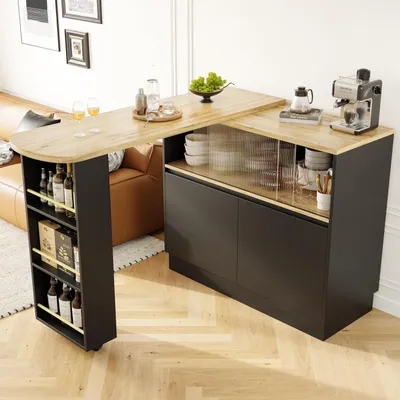 Image de Tablette extensible pour bar, avec fonction pivotante et porte en verre, dimensions 90x45x100 cm, couleur noire