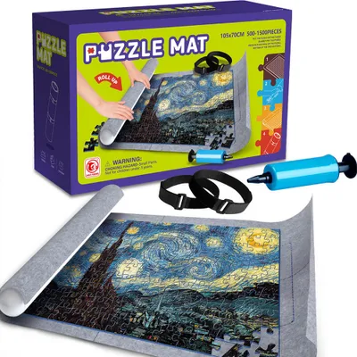 A puzzle mat kit for storing and rolling up puzzles, shown with its packaging and accessories.