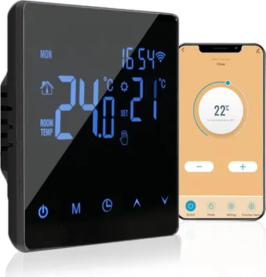 Zdjęcie produktu dla Inteligentny termostat WLAN 16A do elektrycznego ogrzewania podłogowego, wyświetlacz dotykowy LCD, program tygodniowy, sterowanie za pomocą aplikacji Tuya