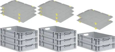 Produktbild von SuperSparSet 8x Eurobox NextGen Economy mit Auflagedeckel und 4x Schiebeschnappverschlüsse Gelb | Griffe offen | HxBxT 12x40x60cm | 23 Liter | Eurobehälter, Transportbox, Transportbehälter, Stapelbehälter