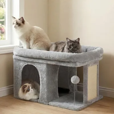Produktbild von Kratzbaum für Katzen - 35 cm - mit großem Ruhebereich - Katzenhaus und Plüschball - Hellgrau