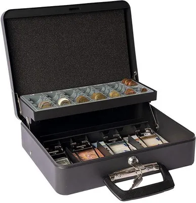 Image de Caisse forte en acier avec revêtement émaillé, plateau de comptage de pièces, serrure à cylindre et 2 clés, 4 compartiments pour billets avec pinces, dimensions : 30 x 9 x 24 cm