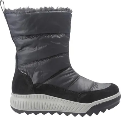 A black winter boot with a gray sole and faux fur trim.