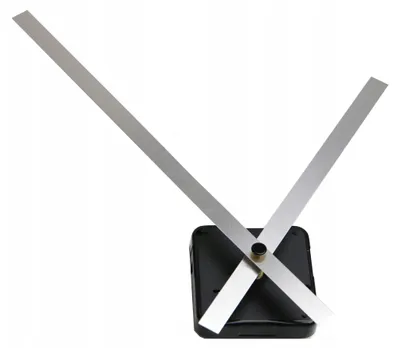 A close-up shot of a clock mechanism with silver hands against a white background.