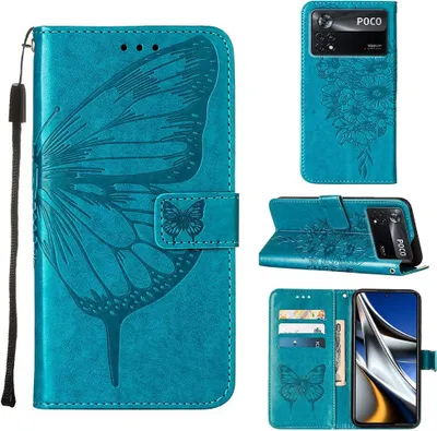 Produktbild von Xiaomi Poco X4 Pro 5G Hülle, Schmetterling Prägung Flip Leder Kartenfächer Schutzhülle Ledertasche mit Ständer für Xiaomi Poco X4 Pro 5G Blau