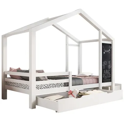 Produktbild von Kinderbett Hausbett 90 x 200 cm, Holzbett mit Tafel und 2 Schubladen, Massivholz mit Zaun und Lattenrost