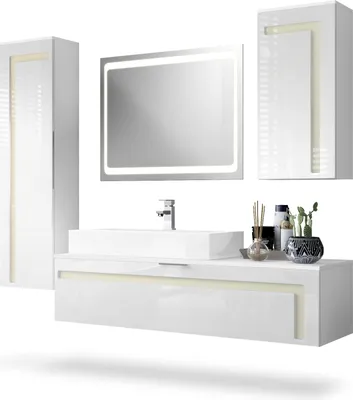 Produktbild von Vladon Badmöbel Komplettset Aloha,  Germany, Korpus in Weiß matt / Fronten in Weiß Hochglanz mit Absetzungen in Creme Hochglanz, mit Aufsatzwaschbecken, Armatur (M1) und LED Spiegel