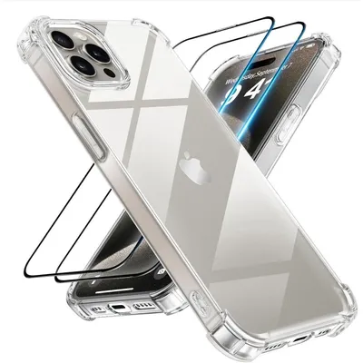 Zdjęcie produktu dla Zestaw 3 w 1: etui i folie ochronne do iPhone 15 Pro. Przezroczyste etui TPU i szkło hartowane