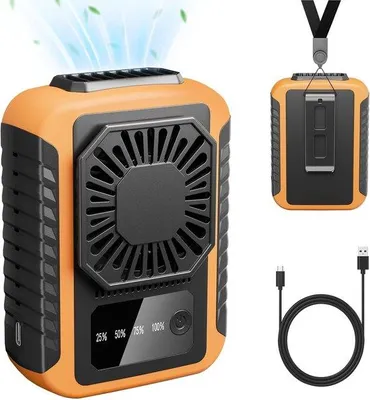Zdjęcie produktu dla Przenośny wentylator biodrowy, akumulator 6000 mAh, 3 tryby chłodzenia o prędkości 5600 obr./min, ładowanie przez USB, wentylator z klipsem do podkoszulka, czas pracy 20 godzin, przenośny wentylator na szyję na spacery i kemping, kolor pomarańczowy