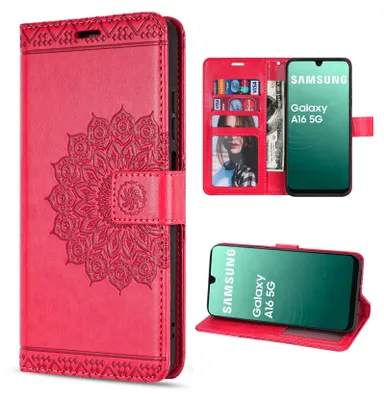 A collage of images showing a red wallet-style phone case with a mandala design, and two images of a Samsung Galaxy A16 5G phone inside the case.