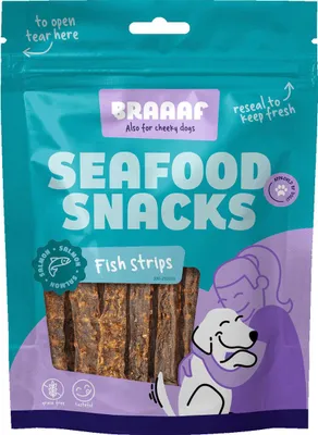 Imagen del producto de Braaaf Hundesnack: Bocadillo para perros con sabor a marisco, salmón y tiras de pescado, 70 g