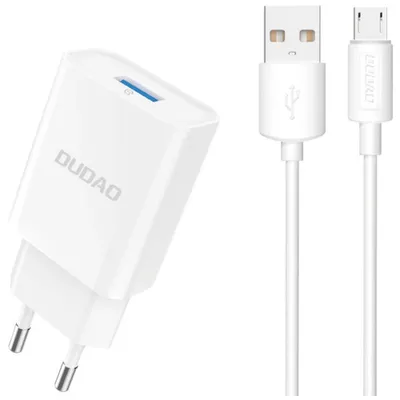 Zdjęcie produktu dla Ładowarka Sieciowa Dudao A4Eu Usb-A 2.1A - Biała + Kabel Usb-A - Micro Usb
