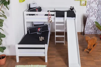 Produktbild von Etagenbett Buche Massiv weiß mit Regal und Rutsche, inkl. Rollrost 90x200 cm, teilbar