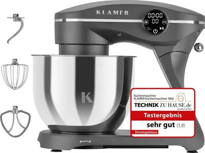 Produktbild von KLAMER Küchenmaschine 1800W, Knetmaschine mit 6 Liter Edelstahl Schüssel, 10 Geschwindigkeitsstufen mit Timer, Rührbesen, Knethaken, Schneebesen und Spritzschutz, grau
