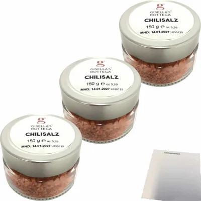 Produktbild von Gisellas Bottega Chilisalz 3er Pack (3x150g Glas) + usy Block
