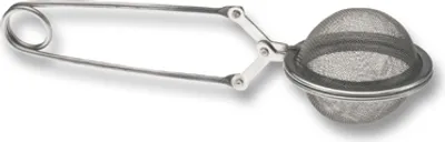 A silver tea strainer with a handle and a mesh ball.