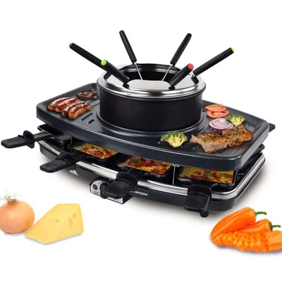Obrázek produktu pro Syntrox Germany 3 v 1 raclette gril s fondue pro 8 osob - nepřilnavý povrch, plynulá regulace teploty, 1100 W