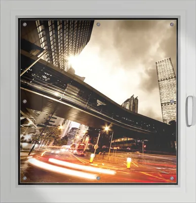 Produktbild von Wallario Lichtschutzbild, Dekorativer Sichtschutz Sonnenschutz 96 x 100 cm mit Motiv: Stadt am Abend - Straße - Verdunklung ohne Bohren