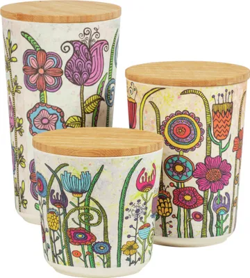Three decorative storage containers with bamboo lids, featuring a colorful floral design.