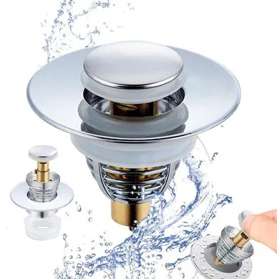 Immagine prodotto di Tappo universale pop-up per lavandino con filtro – acciaio inossidabile e ottone, completo di anello in gomma, per scarichi di diametro 32–42 mm, sistema di chiusura a pressione, ideale per cucina e bagno