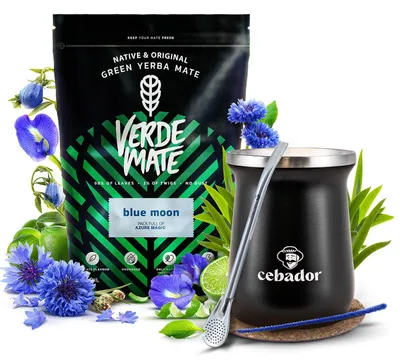 Produktbild von Verde Mate - Mate Tee Set Blue Moon 500g - Yerba Mate Dicke Blätter 5mm - Edelstahl Thermo Becher TermoMate PRO 250ml - Luftgetrocknet, Mild