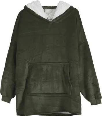 A green fleece hoodie with a white sherpa lining is shown against a white background.