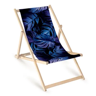 Obrázek produktu pro Skládací dřevěná lehátka „Marineblaue Monstera“ – zahradní židle, relaxační křeslo, lehátko, balkon, terasa, tropický motiv