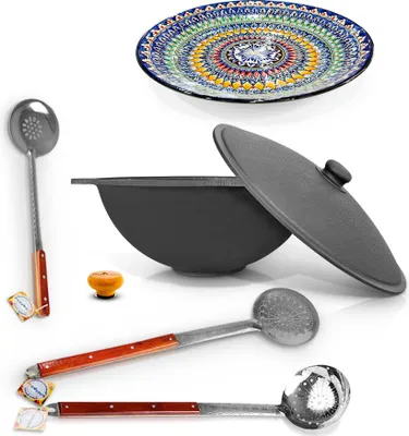 Produktbild von Gusseisen Kazan 22 L Deckel mit Holzgriff Schaumlöffel WOK Lagan Ляган Kasan